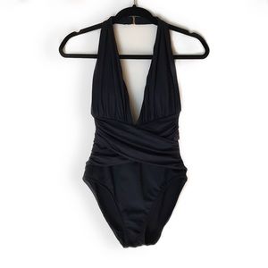 La Blanca Deep V Neck Ruched Crossover One Piece